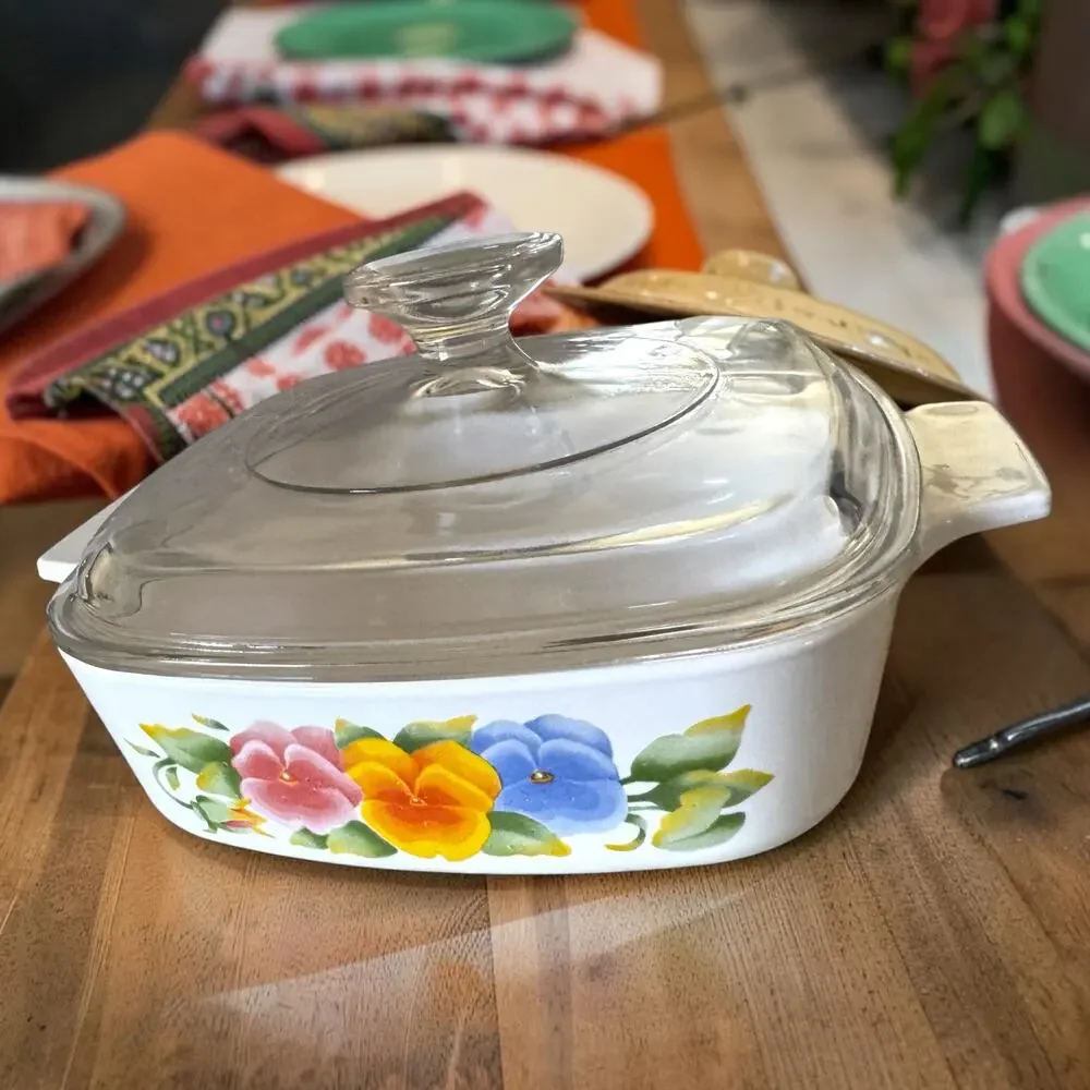 Vintage Corning Ware Summer Blush Pansy 1 Qt Casserole Glass Lid 1990s Floral